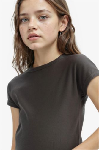 Kız Çocuk Slim Fit Dar Kesim Bisiklet Yaka Basic Düz Fitilli Kaşkorse Kısa Kollu Tişört