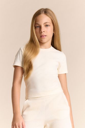 Kız Çocuk Slim Fit Dar Kesim Bisiklet Yaka Ribana Basic Düz Kısa Kollu Tişört