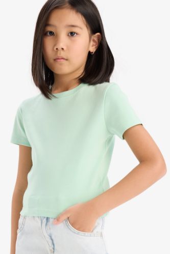 Kız Çocuk Slim Fit Dar Kesim Bisiklet Yaka Ribana Basic Düz Kısa Kollu Tişört