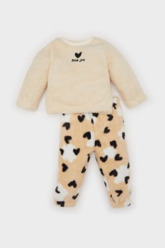 Kız Bebek 2'li Takım Kalp Desenli Pelüş Sweatshirt Beli Lastikli Alt