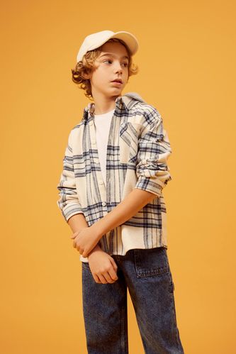 Erkek Çocuk Oversize Fit Kapüşonlu Flanel Uzun Kollu Gömlek
