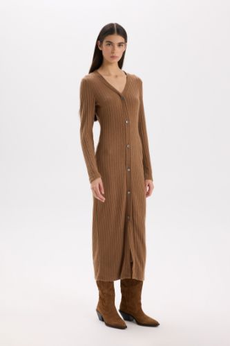 Bodycon Vücudu Saran Basic Düz V Yaka Düğmeli Fitilli Kaşkorse Midi Uzun Kollu Elbise