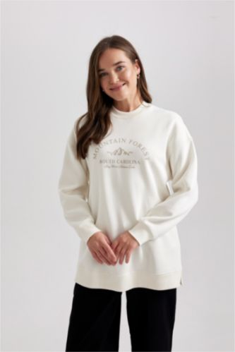 FEMME Écru Sweat-Shirt Coupe Régulière à Capuche Col Rond Épais Imprimé