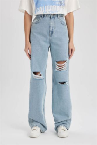 حريمي نيلي فاتح بنطلون جينز وايد ليج برجل واسع وخصر عالي