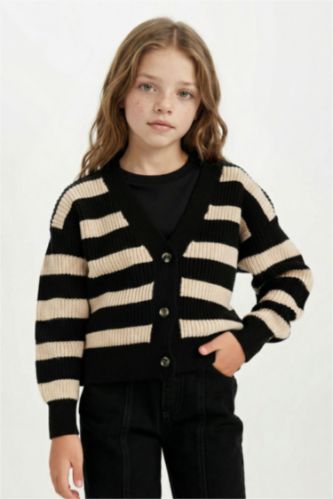 Cardigan en tricot à col en V rayé avec boutons pour fille