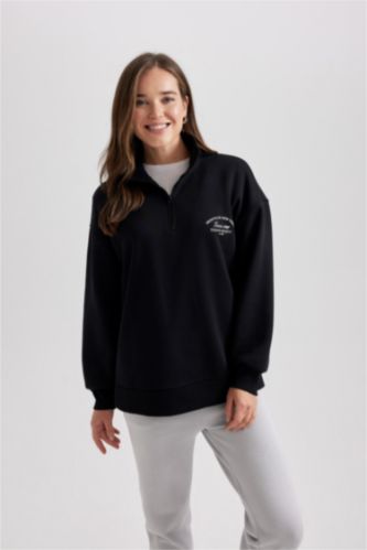 FEMME Noir Sweat-Shirt à Capuche Épais Imprimé Col Droit avec Fermeture Éclair Mi-Longue