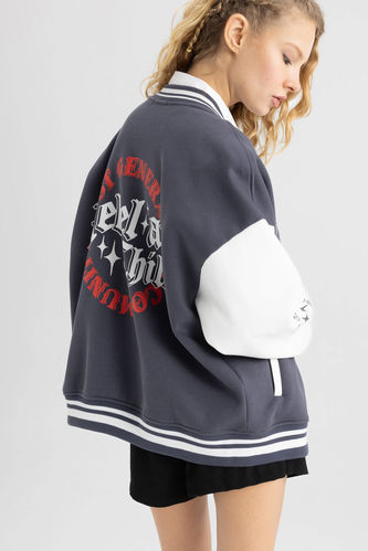 Oversize Fit Crew Neck Thick Fabric Bomber Jacket