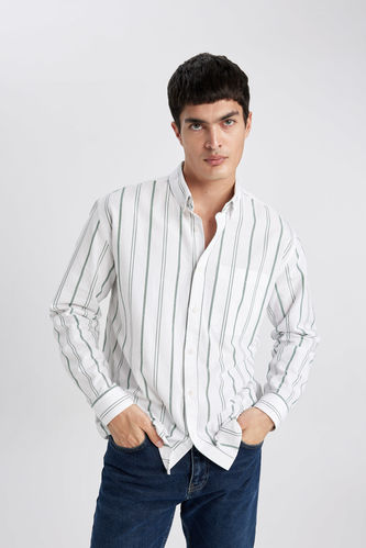 Relax Fit Polo Shirt Oxford Striped Long Sleeve Shirt