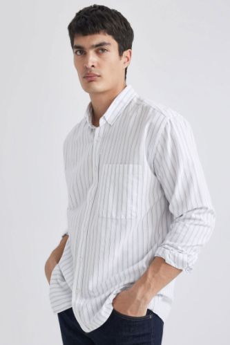 Relax Fit Polo Yaka Çizgili Oxford Uzun Kollu Gömlek