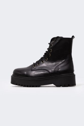 Women Lace-up and Zippered High-Sole Faux Leather Boots