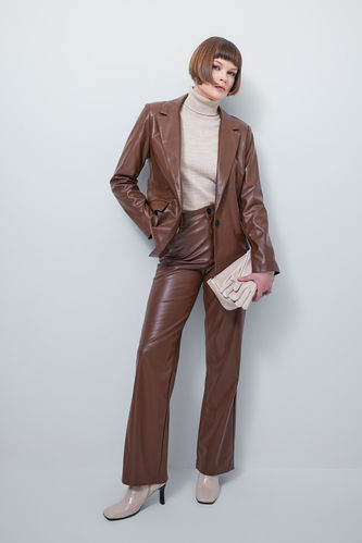 Straight Fit Regular Hem With Pockets Faux Leather Trousers