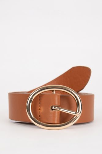 Woman Oval Buckle Faux Leather Classic Belt