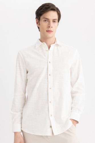 Regular Fit Polo Yaka Uzun Kollu Pamuklu Keten Görünümlü Beyaz Gömlek