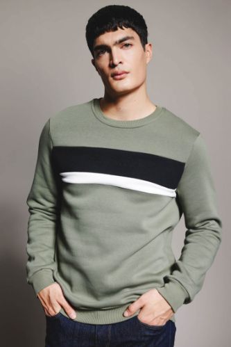 Regular Fit Bisiklet Yaka Renk Bloklu Basic Düz Sweatshirt