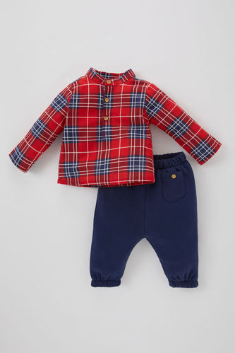 Erkek Bebek Yılbaşı Temalı Kareli Kalın Sweatshirt Pantolon 2'li Takım