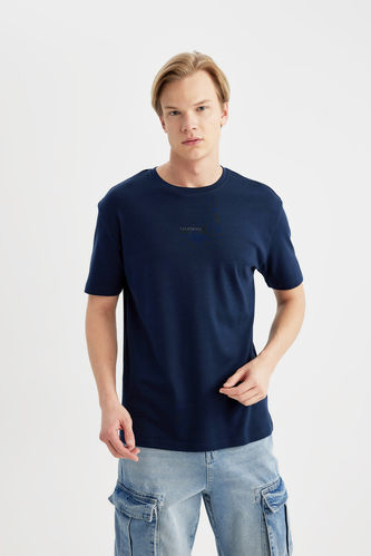 T-Shirt Coupe Régulière Coton Épais Imprimé à Manches Courtes à Col Rond