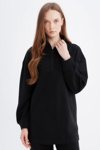 Regular Fit Fermuarlı Dik Yaka Selanik Kumaş Basic Düz Sweatshirt Tunik