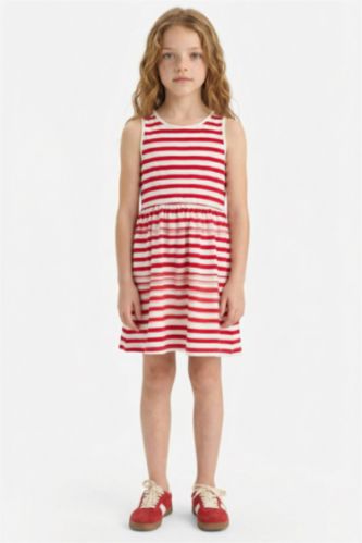 Kız Çocuk Bisiklet Yaka Çizgili Kolsuz Yazlık Elbise