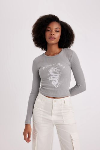 Grey WOMAN Slim Fit Crew Neck Camisole Long Sleeve T-Shirt