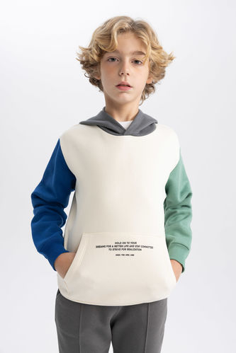Erkek Çocuk Kapüşonlu Cep Baskılı Kalın Sweatshirt