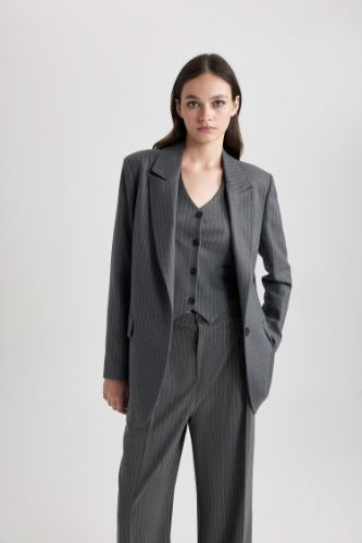 Oversize Geniş Kalıp Çizgili Dokuma Blazer Ceket