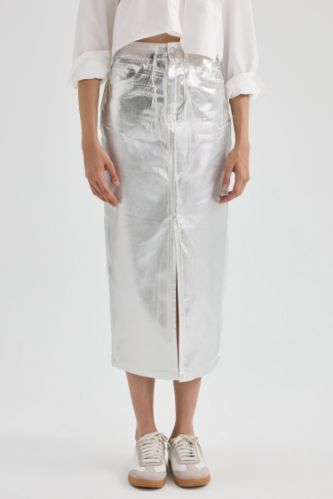 Fitted Gabardin Midi Yırtmaçlı Metalik Etek