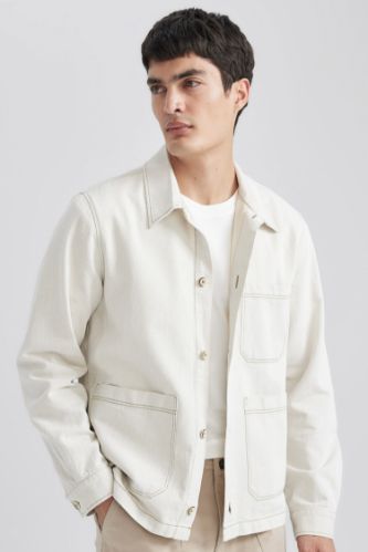 Regular Fit Polo Yaka Keten Karışımlı Düğmeli Cepli Yazlık Gömlek Ceket