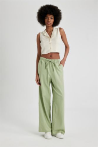 WOMAN Light Green Wide Leg High Waist Standard Length Linen Blend Trousers