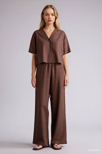 Woman Brown Wide Leg Double Pocket Linen Blended Trousers