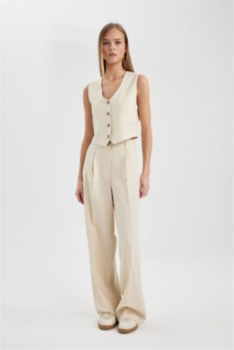 FEMME Beige Pantalon en Lin Mélangé à Taille Haute et Longueur Standard à Jambes Larges