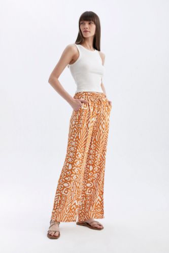 FEMME Orange Pantalon Viscose Large avec Poches à Motifs Taille Haute Jambe Large et Longue