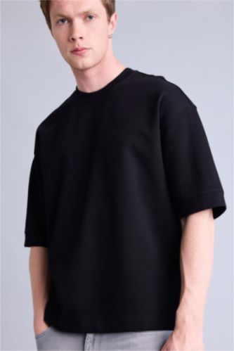 Erkek Siyah Loose Fit Kısa Kollu Basic Tişört