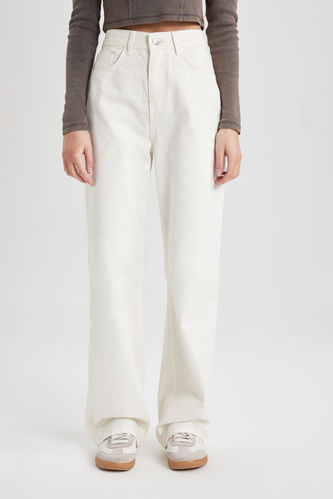 90's Wide Leg Yüksek Bel Geniş Paça Uzun Beyaz Jean Pantolon