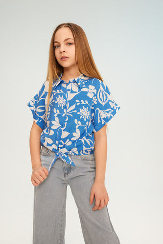 Girl Short Sleeve Patterned Crop Shirt