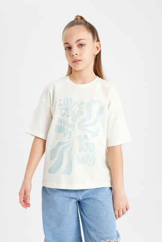 Girl Relax Fit Slogan Printed Short Sleeve T-Shirt