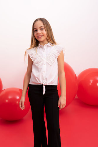 Kız Çocuk 23 Nisan Çocuk Bayramı Poplin Kısa Kollu Beyaz Gömlek