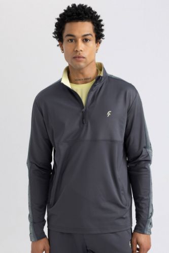 DeFactoFit Slim Fit Dar Kesim Dik Yaka Fermuarlı Baskılı Ağır Kumaş Sporcu Sweatshirt