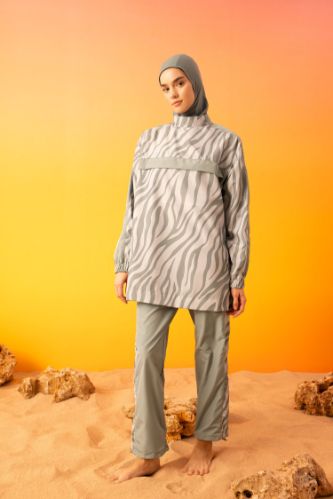 Desenli 3'lü Burkini Tesettür Mayo Takım