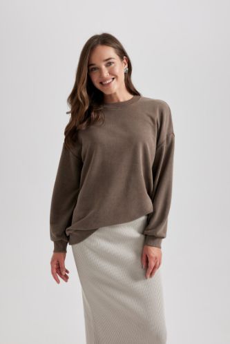 Regular Fit Bisiklet Yaka Basic Düz Sweatshirt Tunik
