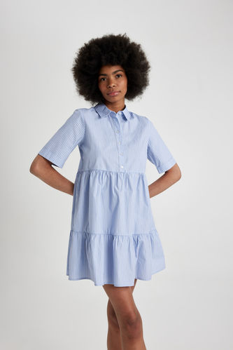 Shirt Collar Striped Poplin Short Sleeve Mini Dress