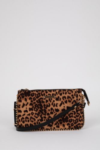 Woman Jean Look Staple Detailed Leopard Handbag