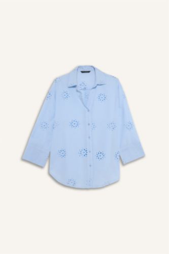 قميص كم طويل تطريز اوفر سايز برقبة قميص