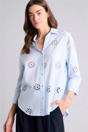 Kadın Açık Mavi Oversıze Gömlek Yaka Brode Uzun Kollu Gömlek