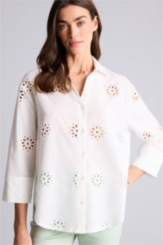 Kadın Kırık Beyaz Oversıze Gömlek Yaka Brode Uzun Kollu Gömlek