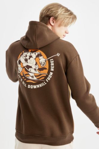 Brown MAN Looney Tunes Boxy Fit Hooded Back Printed Sweatshirt 3063326 DeFacto