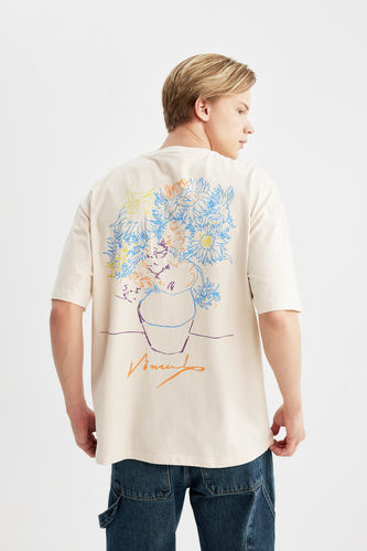 T-Shirt Oversize à Manches Courtes Col Rond avec Impression dans Le Dos Van Gogh
