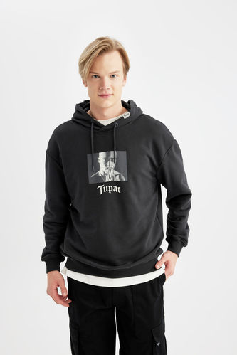 Sweatshirt Oversize à Capuche Imprimé Tupac Shakur
