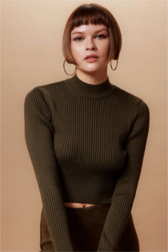 WOMAN Khaki Fitted Half Turtleneck Rib Knit Pullover