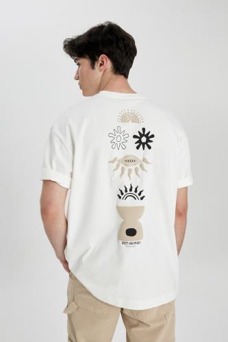 T-Shirt Oversize Coton Épais Imprimé Au Dos Col Rond à Manches Courtes