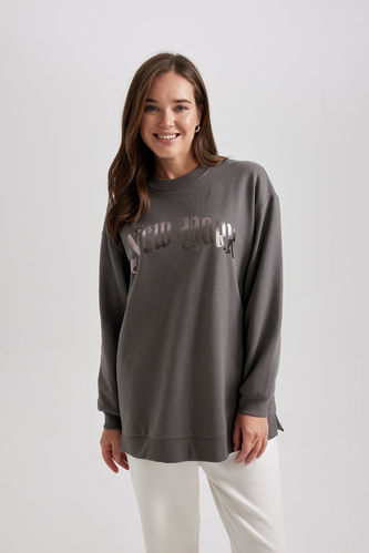 Regular Fit Thick Sweatshirt Fabric Crew Neck Printed Sweat Tunic